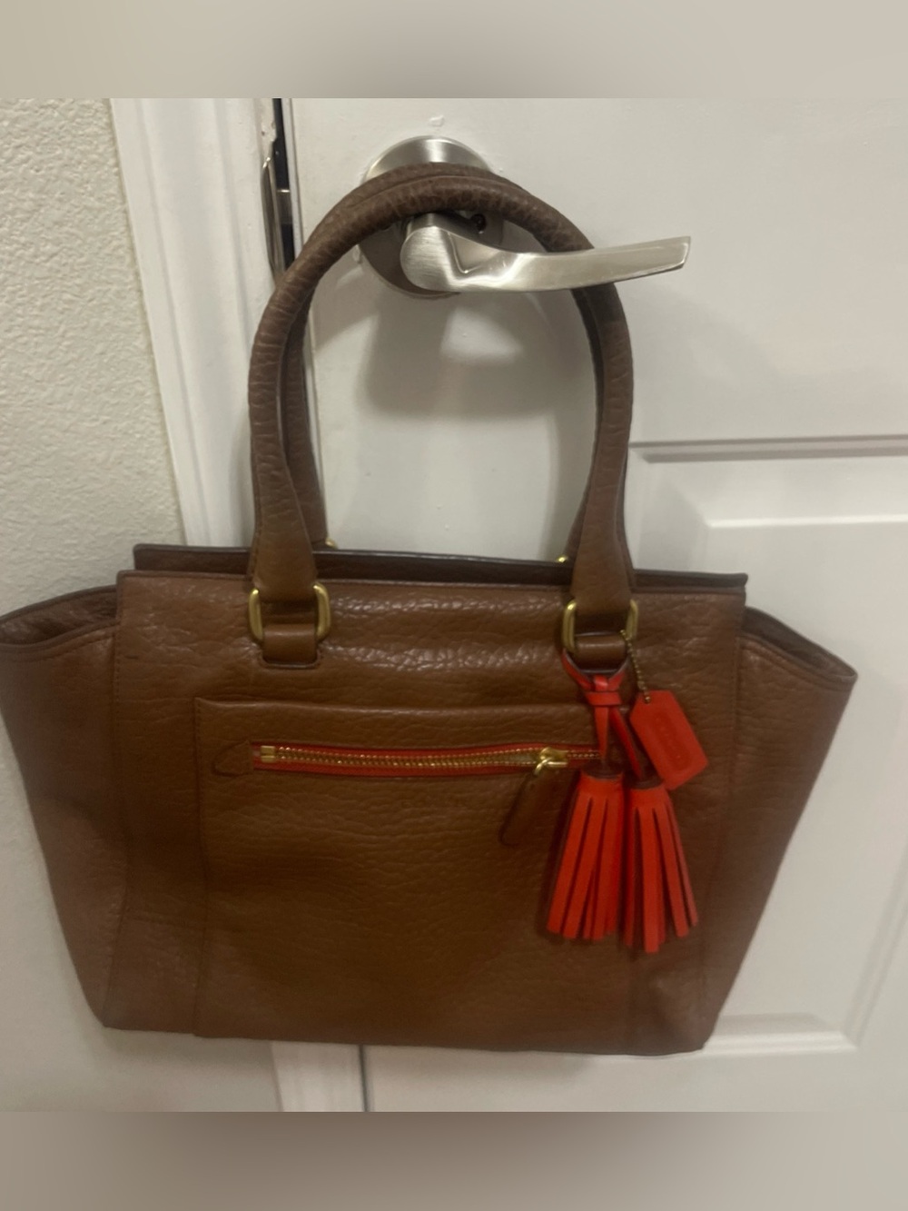 Coach Legacy Candace Medium Carryall Pebbled Brown Leather Red Tassel #19926